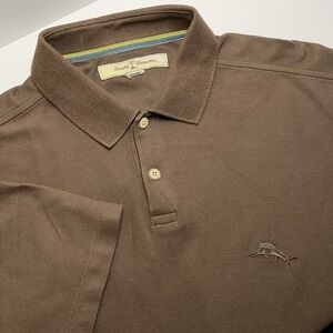 Tommy Bahama Polo Shirt Mens XL Brown Pima Cotton Pique Marlin Logo Golf Casual